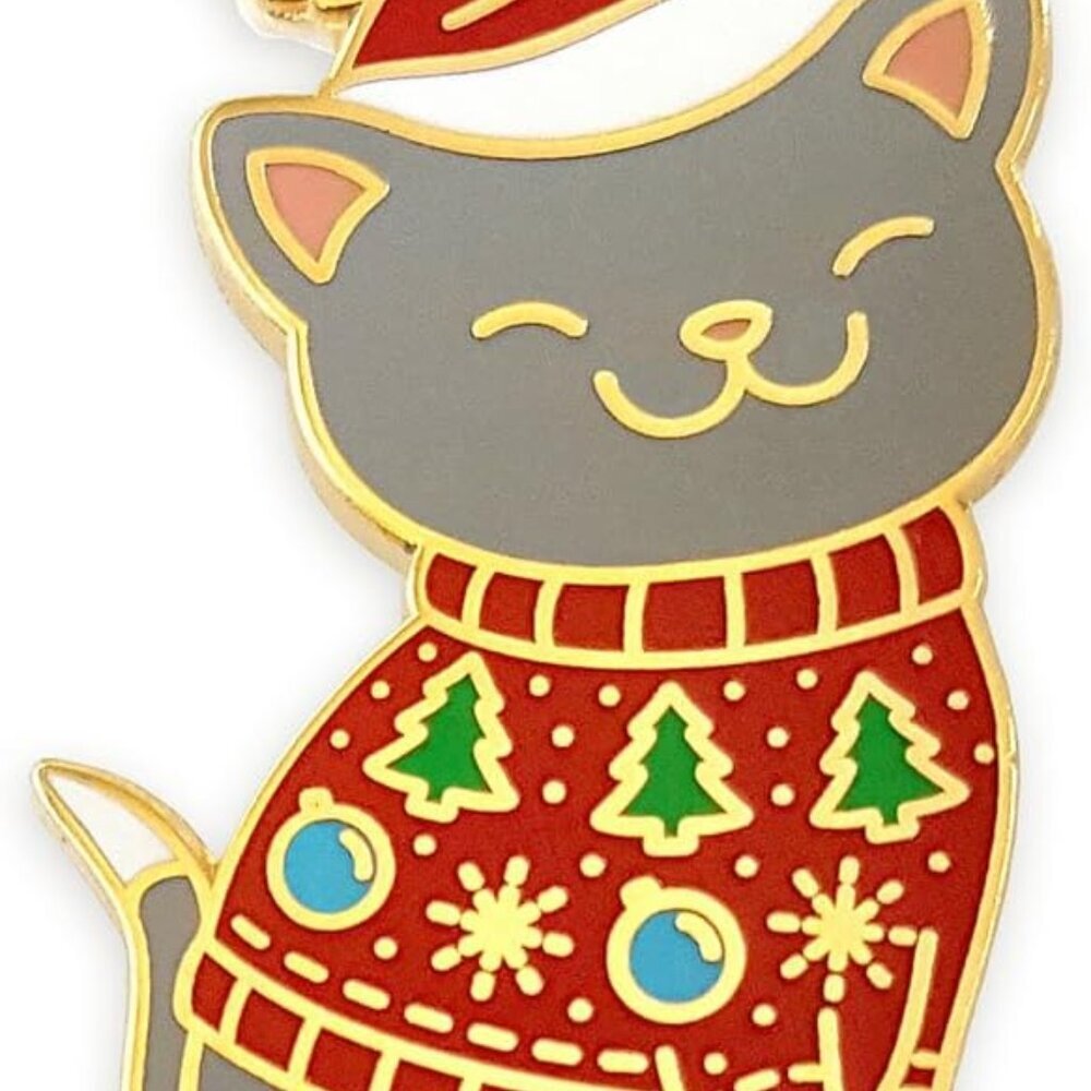 Cute Christmas Kitty Cat In Holiday Sweater Enamel Lapel Pin